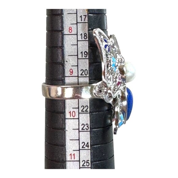 Butterfly Enamel Sterling Silver Ring Lapis Lazuli Pearl Accents Cloisonne 925 - Picture 3 of 11